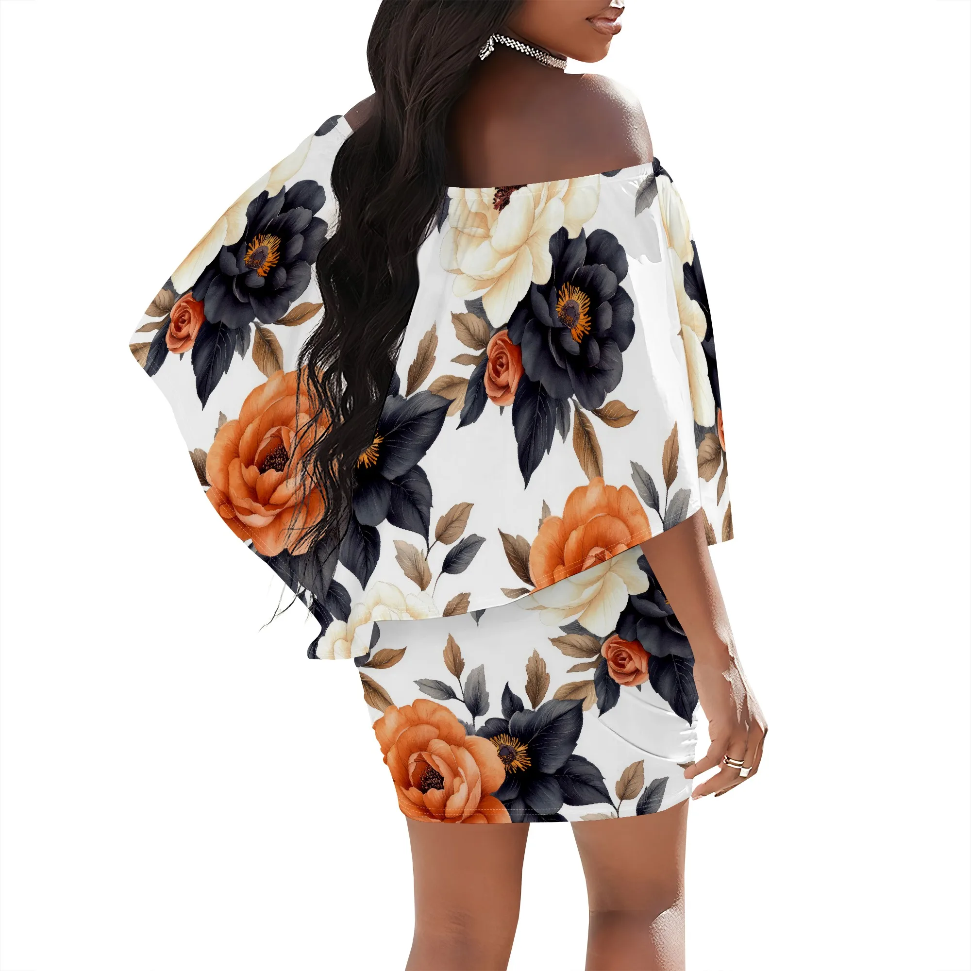 White Dress with Navy Geometric Print Off Shoulder Casual Mini Party Dress