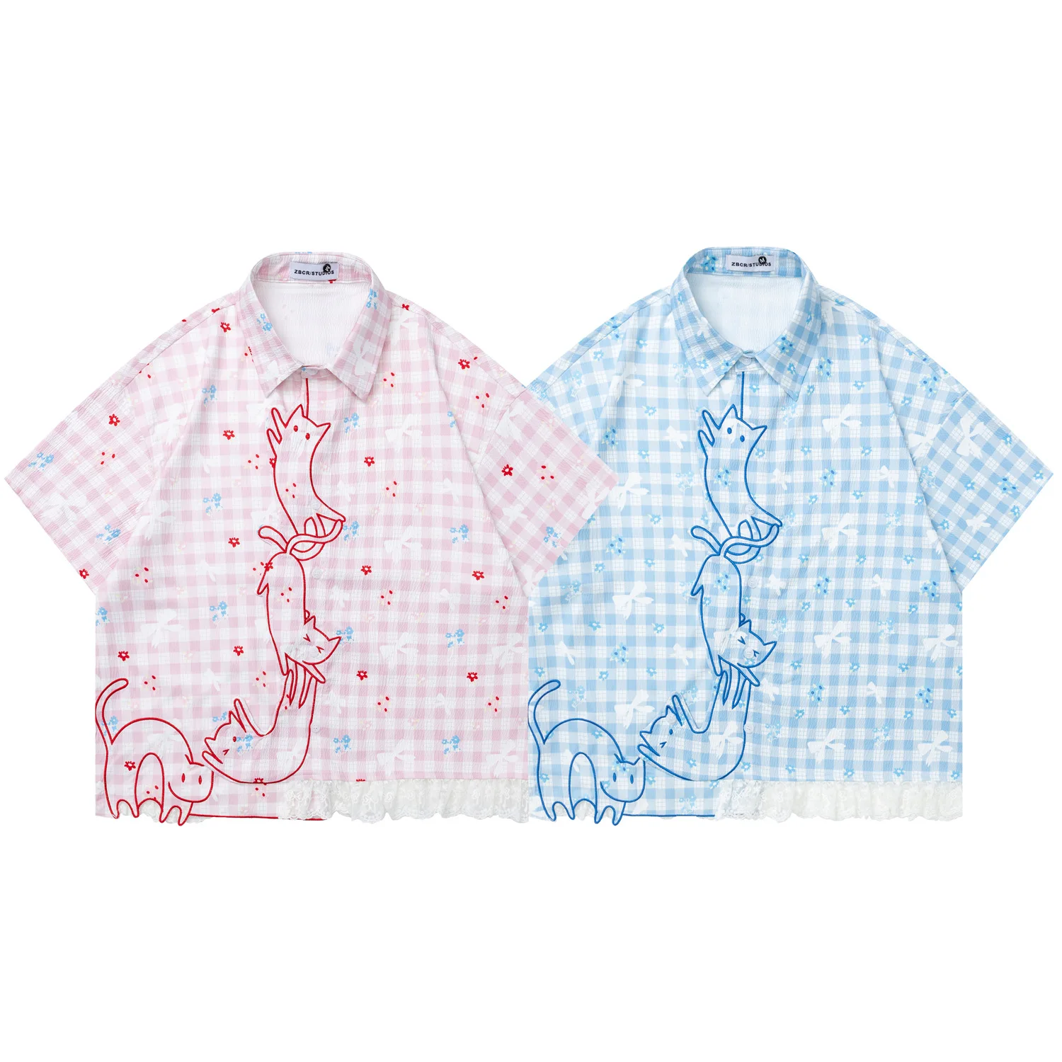 2026 Summer Casual Plaid Shirt Japanese Style Cute Cat Embroidery Lace Patchwork Shirts Short Sleeve Top Casual Blouse view 5