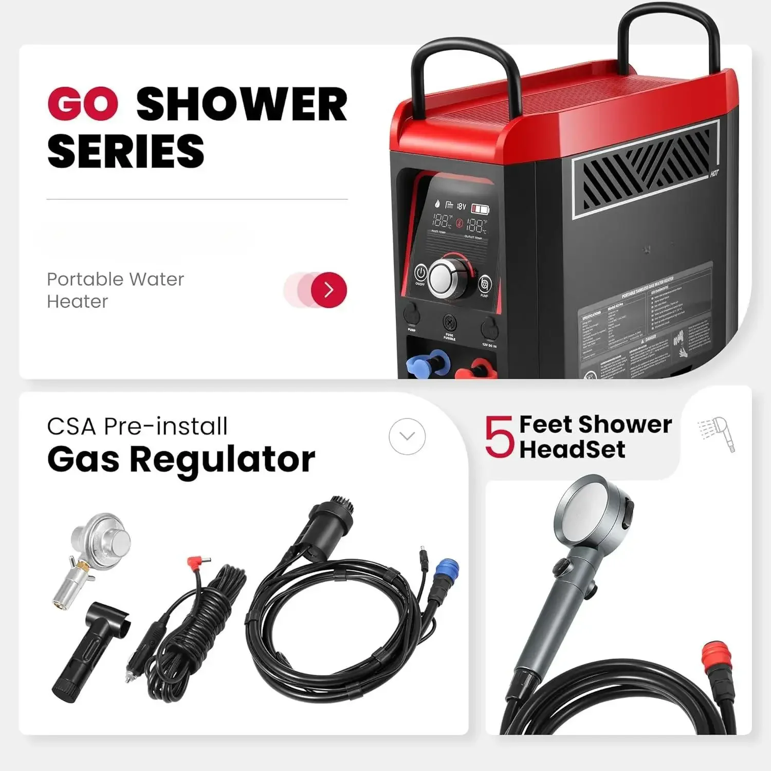 Портативный водонагреватель на пропане 1 фунт с насосом |   Аккумуляторная батарея 4000 мАч |   Время душа MAX 100 минут |   Открытый пропановый кемпинг