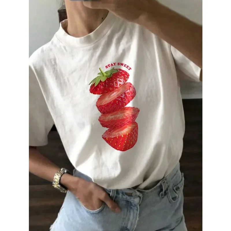 

Women's Summer Strawberry American Letter Printing Round Neck T-shirt Y2k Autumn Loose Plus Size Short-sleeved Casual T-shirt