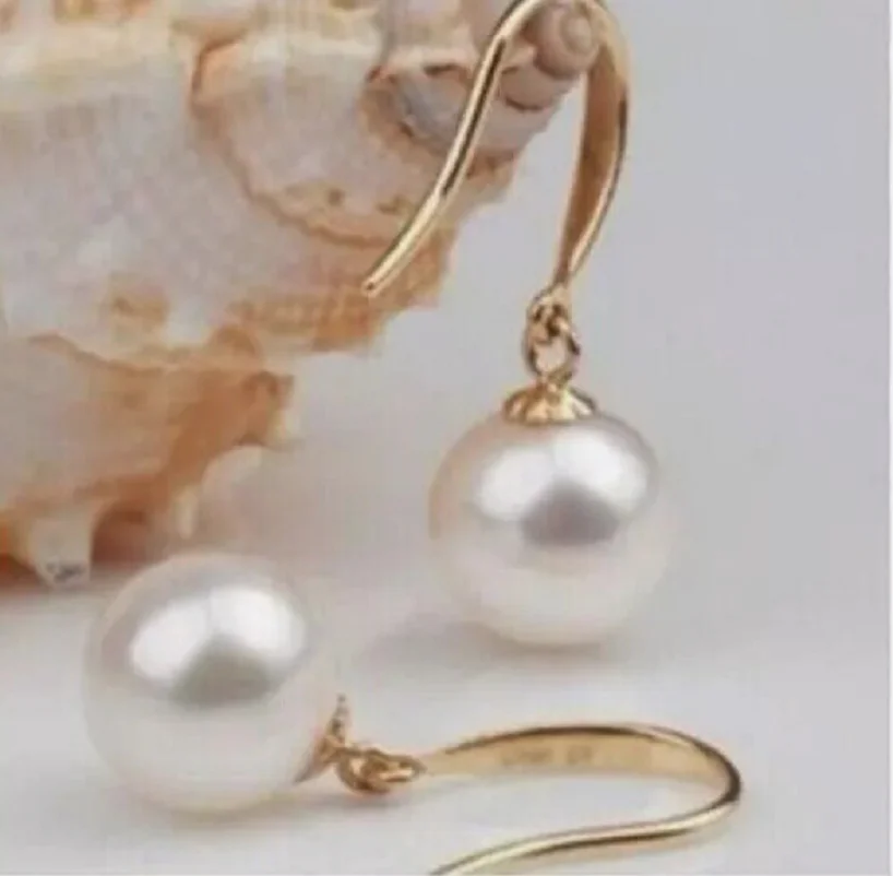 

Gorgeous AAA+10-11mm natural Nanhai white pearl earrings 14k gold-