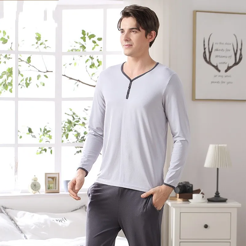 2024 musim semi musim gugur pria kasual set piyama pria Modal katun baju tidur pria V-neck kerah T Shirt & celana ukuran besar pakaian rumah