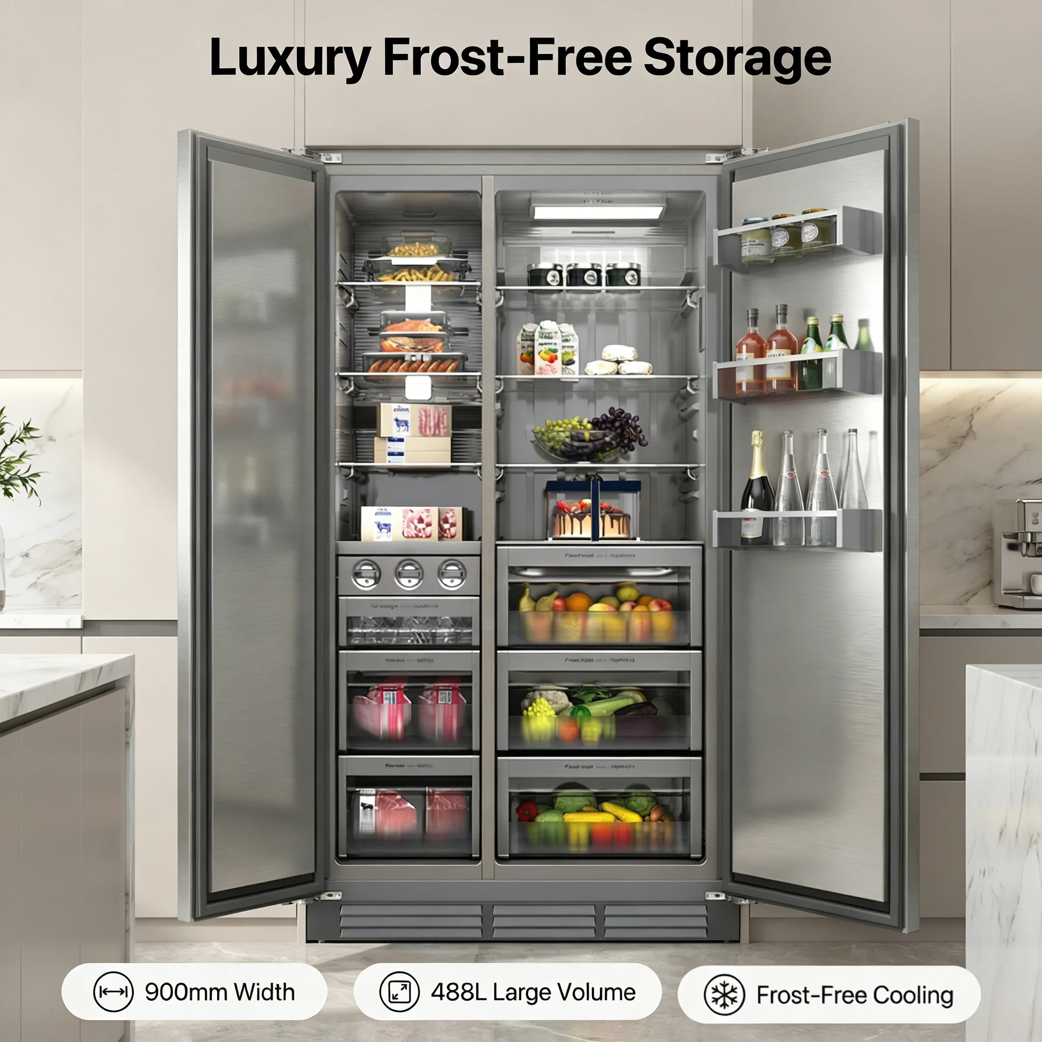 Hot Sale 488L Side-by-Side Portable Integrated Fridge Energy Efficient Low Noise Frost-Free Panel Ready Household Hotel