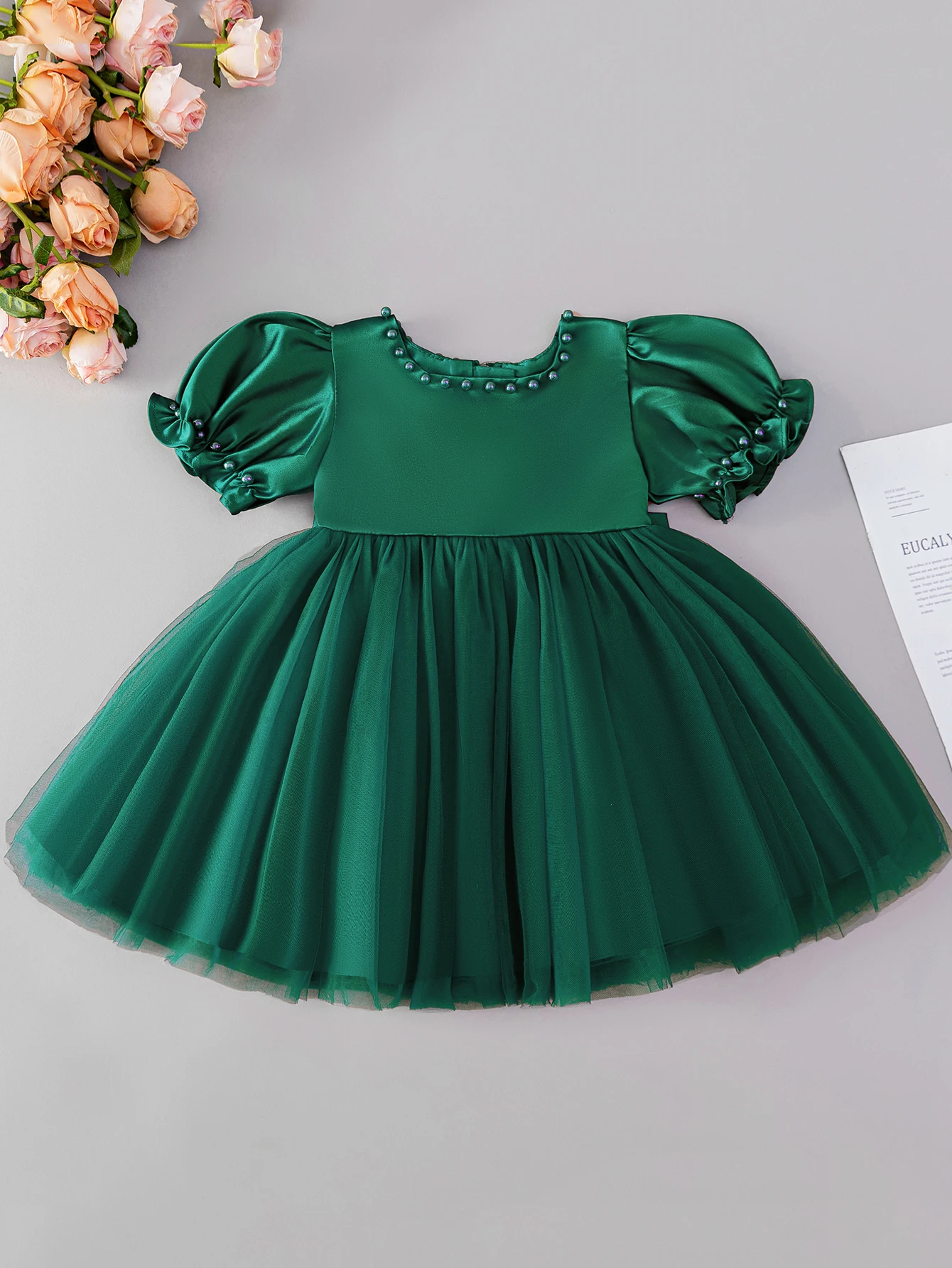 0-2 Years Old Baby Girl's Dark Green Bow Decoration Small Dress Birthday Party Vacation Veil Dress