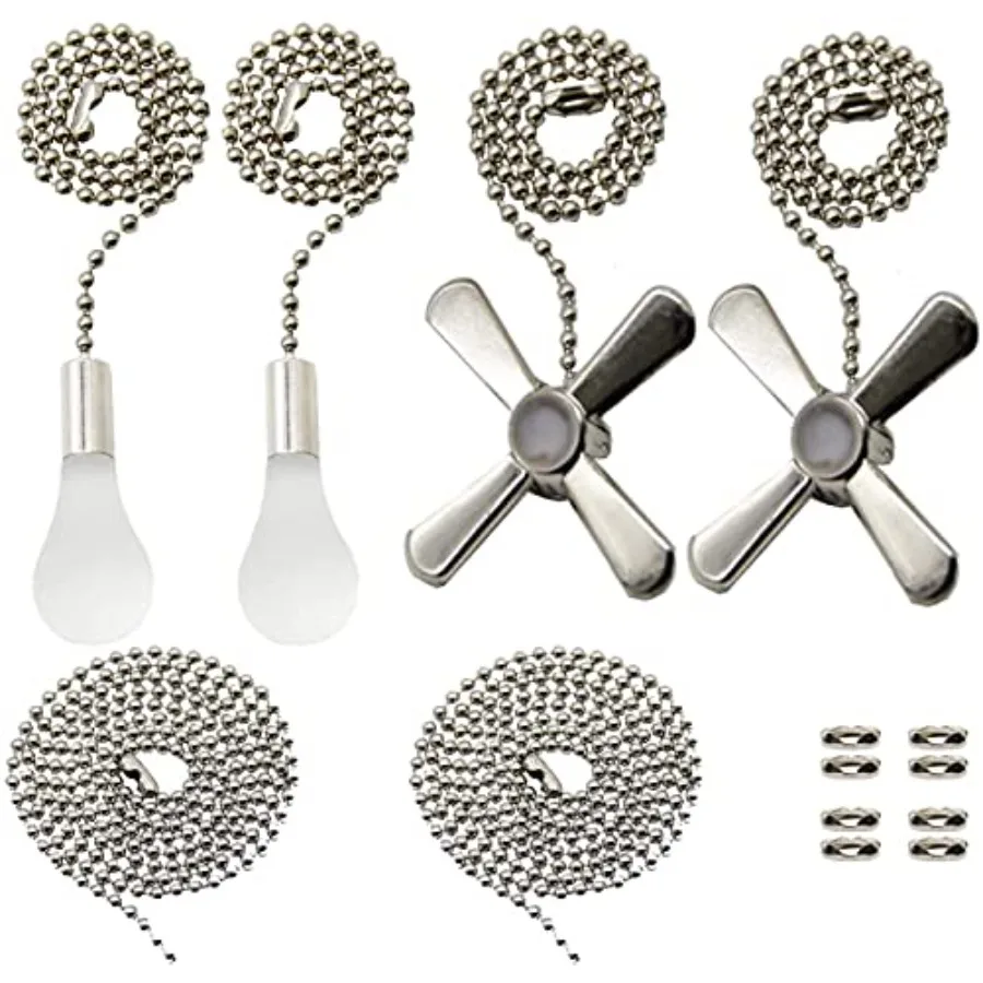 2 Set Silver Ceiling Fan Pull Chain Set Including Extra 35.4 Inches Copper Beaded Ball Fan Pull Chain Extension and Ceiling Fan