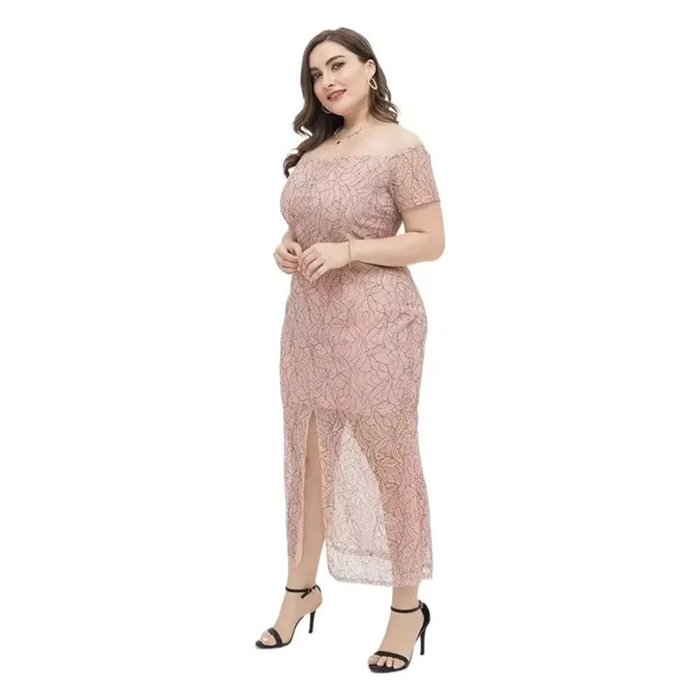 Vestido feminino plus size elegante sexy slim fit manga curta renda para irmãs rechonchudas