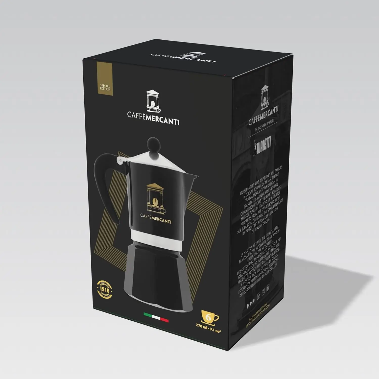 Caffe Mercanti Black Oro 6 tazze in edizione limitata - Moka da piano cottura italiano