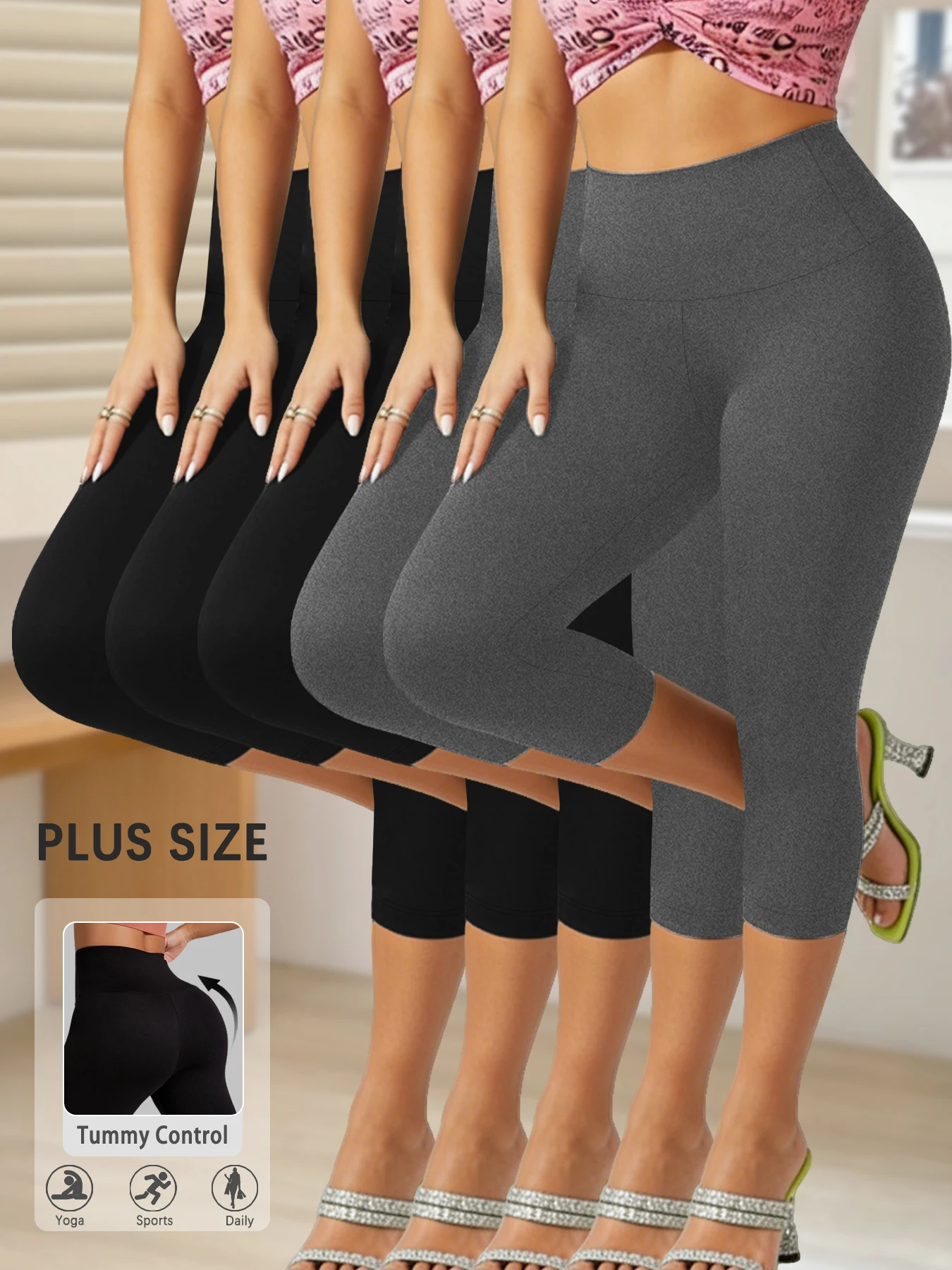 

5 Pack Plus Size Women's High Waisted Capri Pants Super Soft Tummy Control No See Through Workout Yoga Running Athletic Leggings