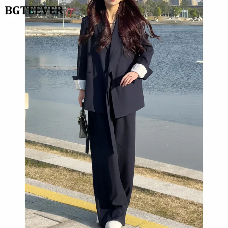 BGTEEVER Stylish Women Blazer Set Long Sleeve Lace-up Jackets & Wide Leg Trousers Suits Women Autumn Pant Suits Female Outfits