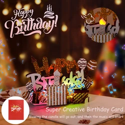 Creative Happy Birthday Greeting Card for Husband Kid Wife, Light & Music, 3D Birthday Cake, Pop-Up Blowing Candle Birthday Card