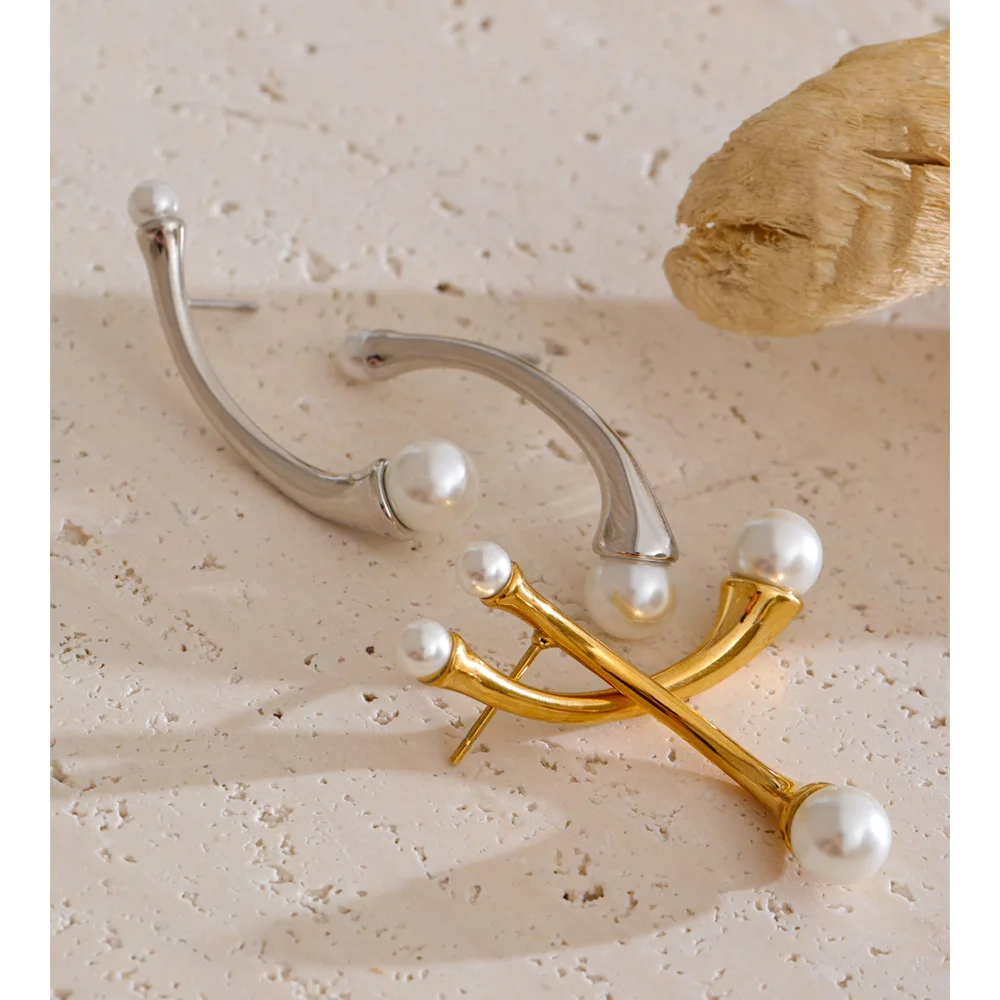Yhpup Daily Stainless Steel Simulated Pearl Fashion Earrings 16K Golden Platinum PVD Plated Geometric Chic Modern Korean Jewelry