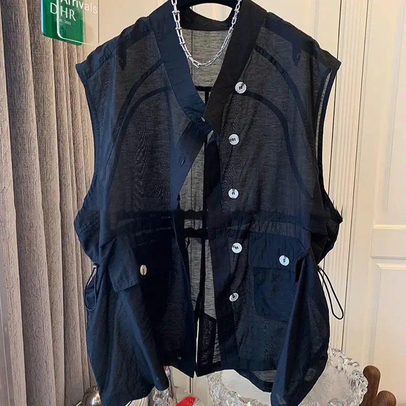 Summer Mid-Length Thin Vest Women Solid Casual V Neck Sleeveless Jackets 2025 Korean Loose Waistcoat Female Outwear