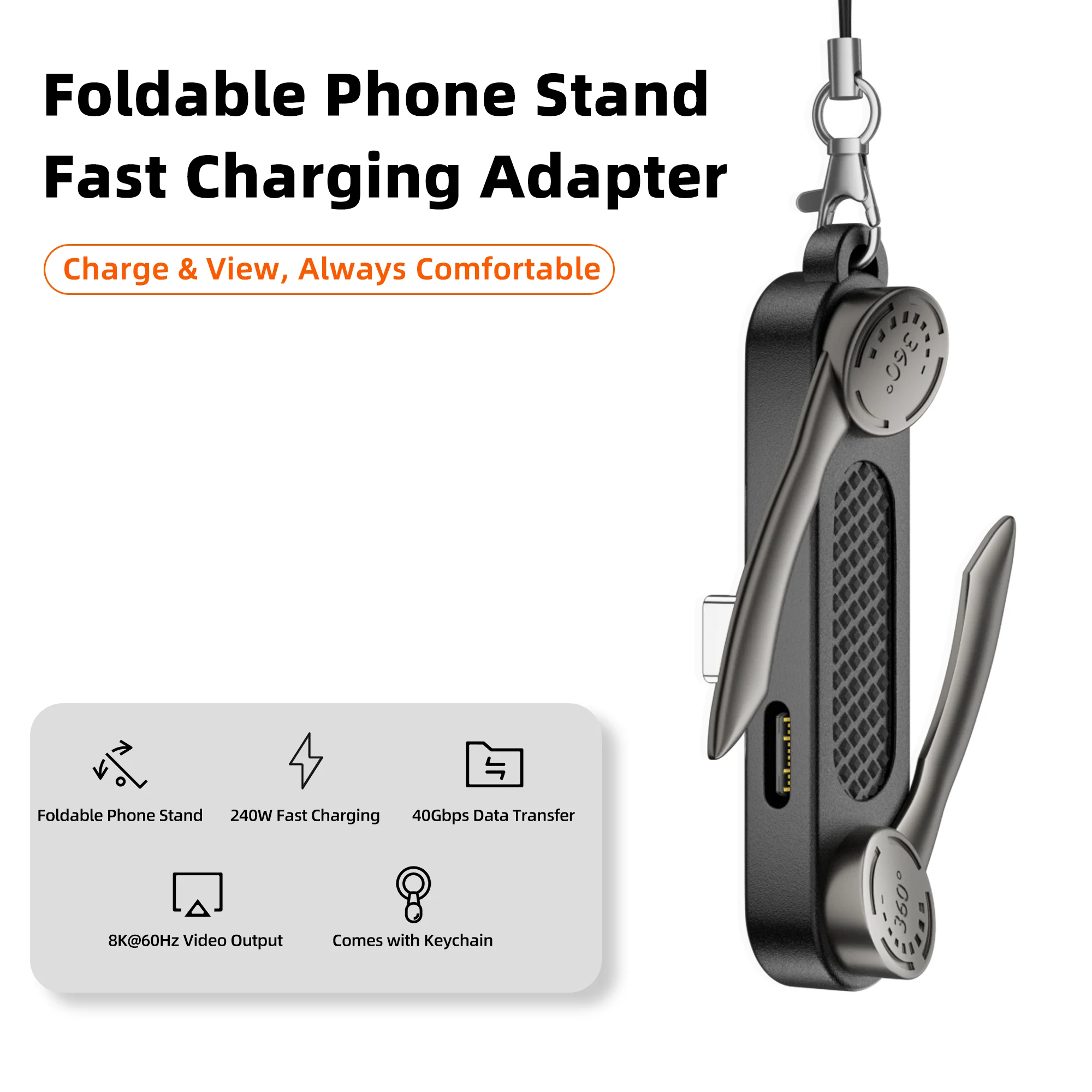 240W Fast Charging USB-C Adapter Foldable Phone Stand Holder 40Gbps 8K@60Hz Video Type C Charging Bracket Converter