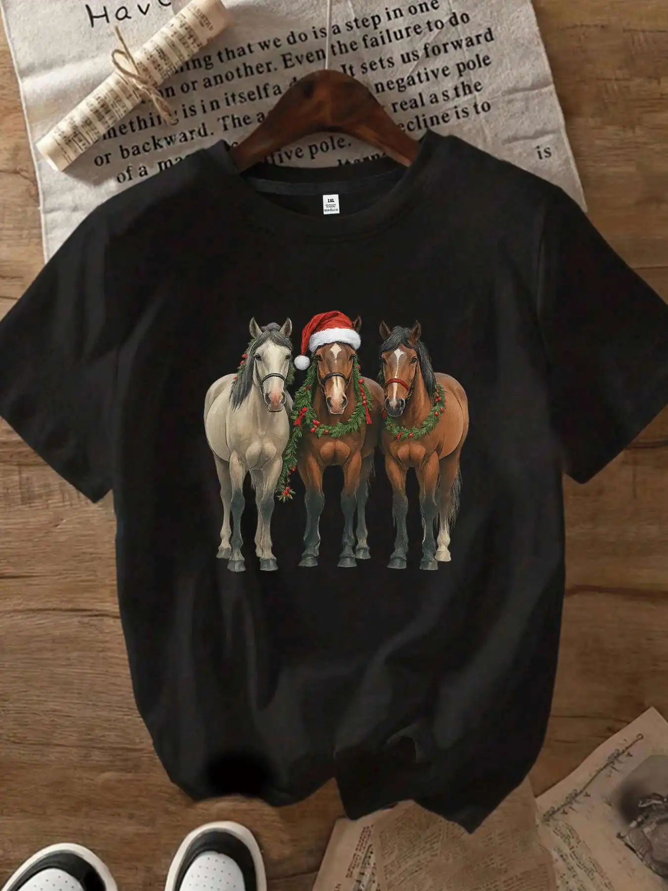 【WY122300】 تي شيرت نسائي مقاس كبير برقبة دائرية وأكمام قصيرة مع نصف كم مرن ومطبوعات عصرية #1