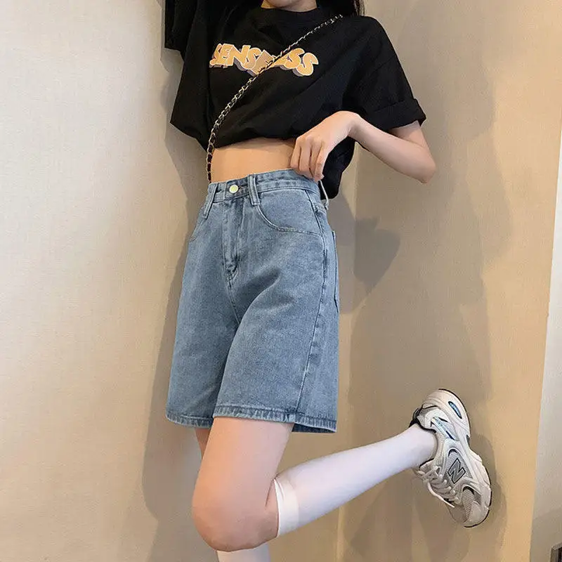 

High Waist Wide Leg Straight Cut Short Jeans Women's Summer Five-Point Pants Casual High Waist Straight Leg Jeans