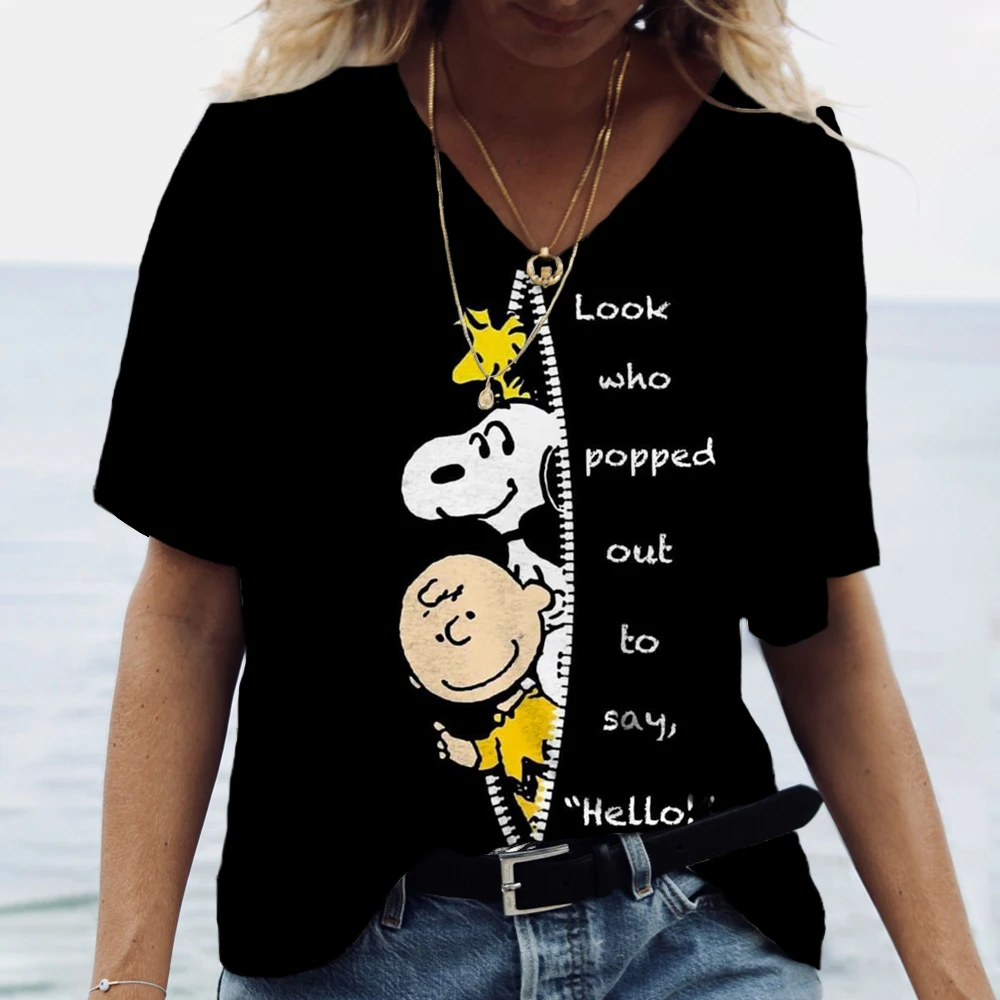 Dámská tričko harajuku oblečení topy snoopy kreslený tisk tees v-neck nadrozměrné pulovr krátký rukáv blůza volné mikina