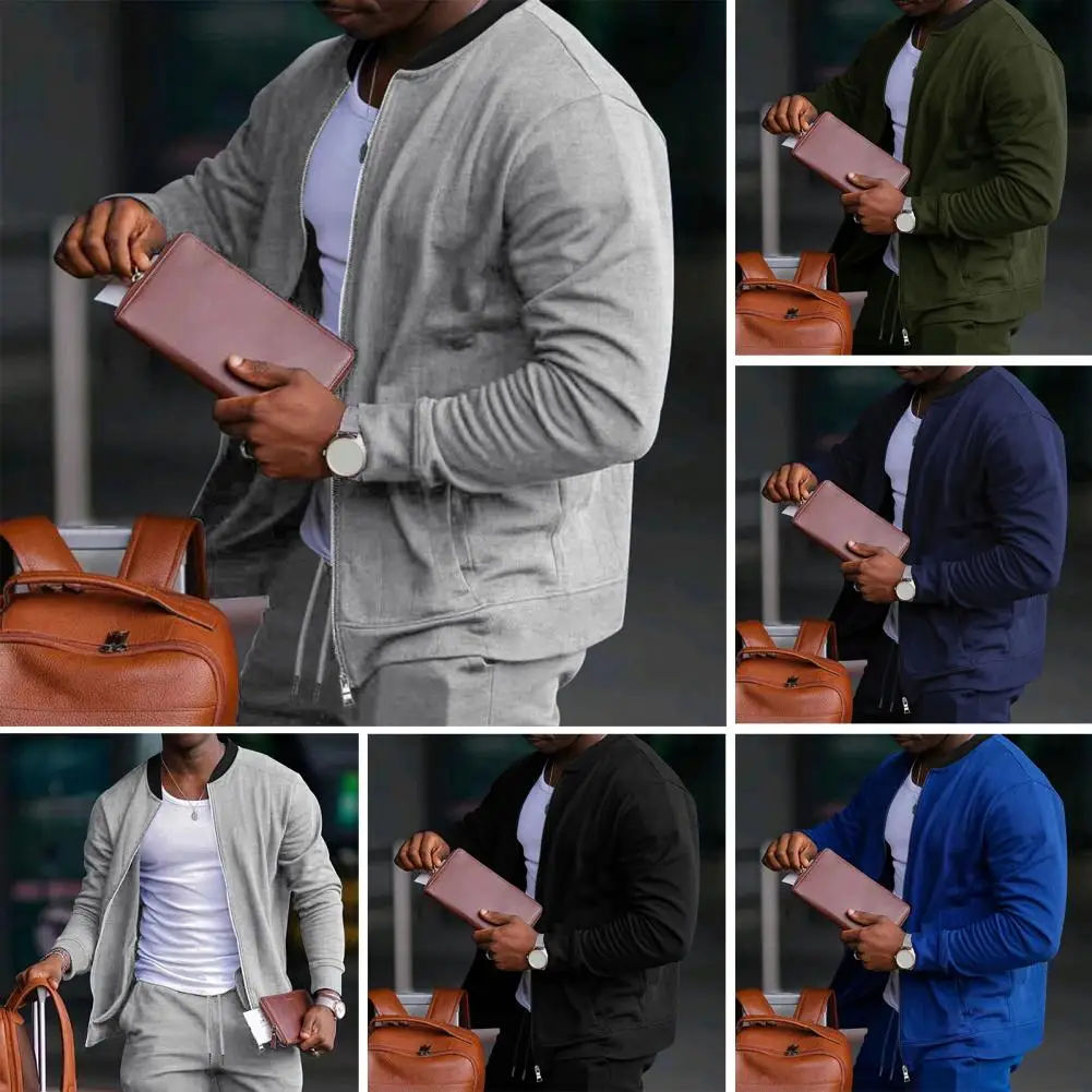 Men Classic Stand Collar Patchwork Color Block Baseball Coat Zipper Placket Long Sleeve Pockets Regular Fit Autumn Outerwear