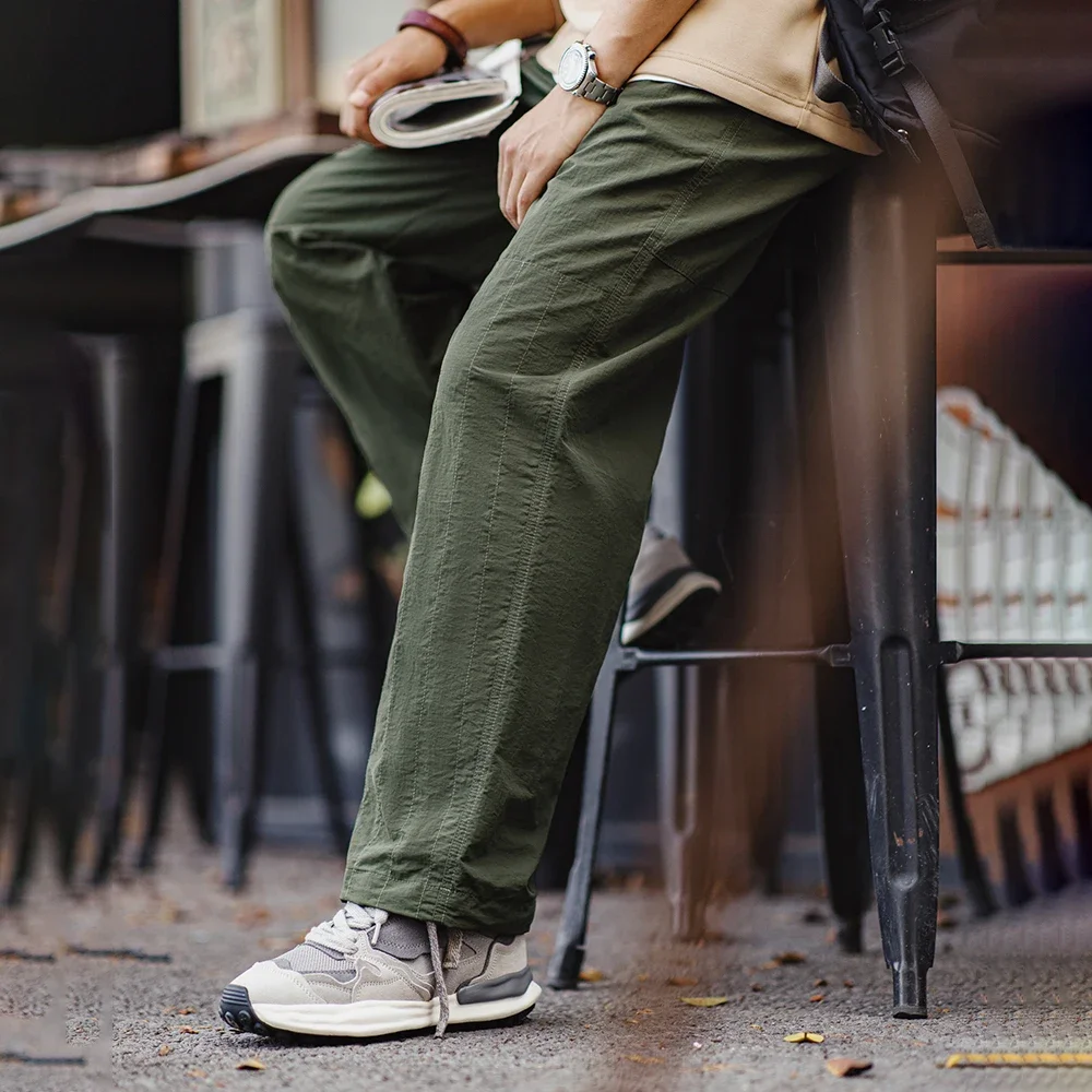 Maden Retro Thin Pants with No Elastic Waist and Braided Hemp Rope Elastic Leg Design Pants Green Straight Casual Pants for Men