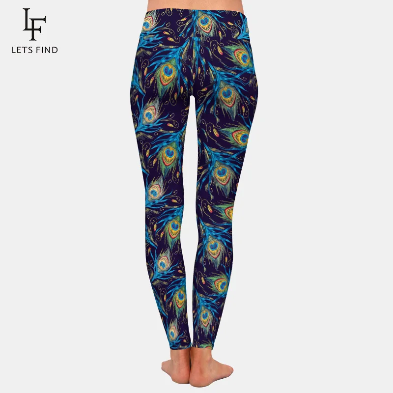 Leggings elásticos con estampado 3D de plumas de pavo real para mujer, Leggings de cintura alta de seda de leche para Fitness, novedad