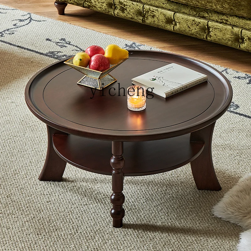 TQH medieval style coffee table American retro living room household double layer 1 meter round walnut all solid