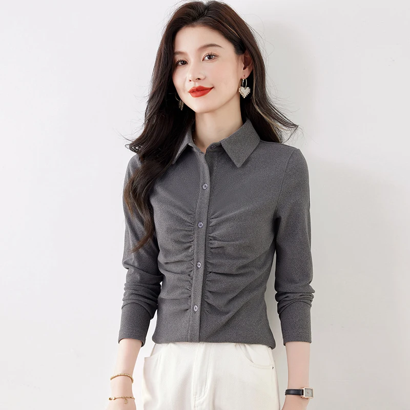Camicia dimagrante a maniche lunghe con colletto rovesciato stile francese Top Camicette casual alla moda con pieghe chic primavera autunno da donna