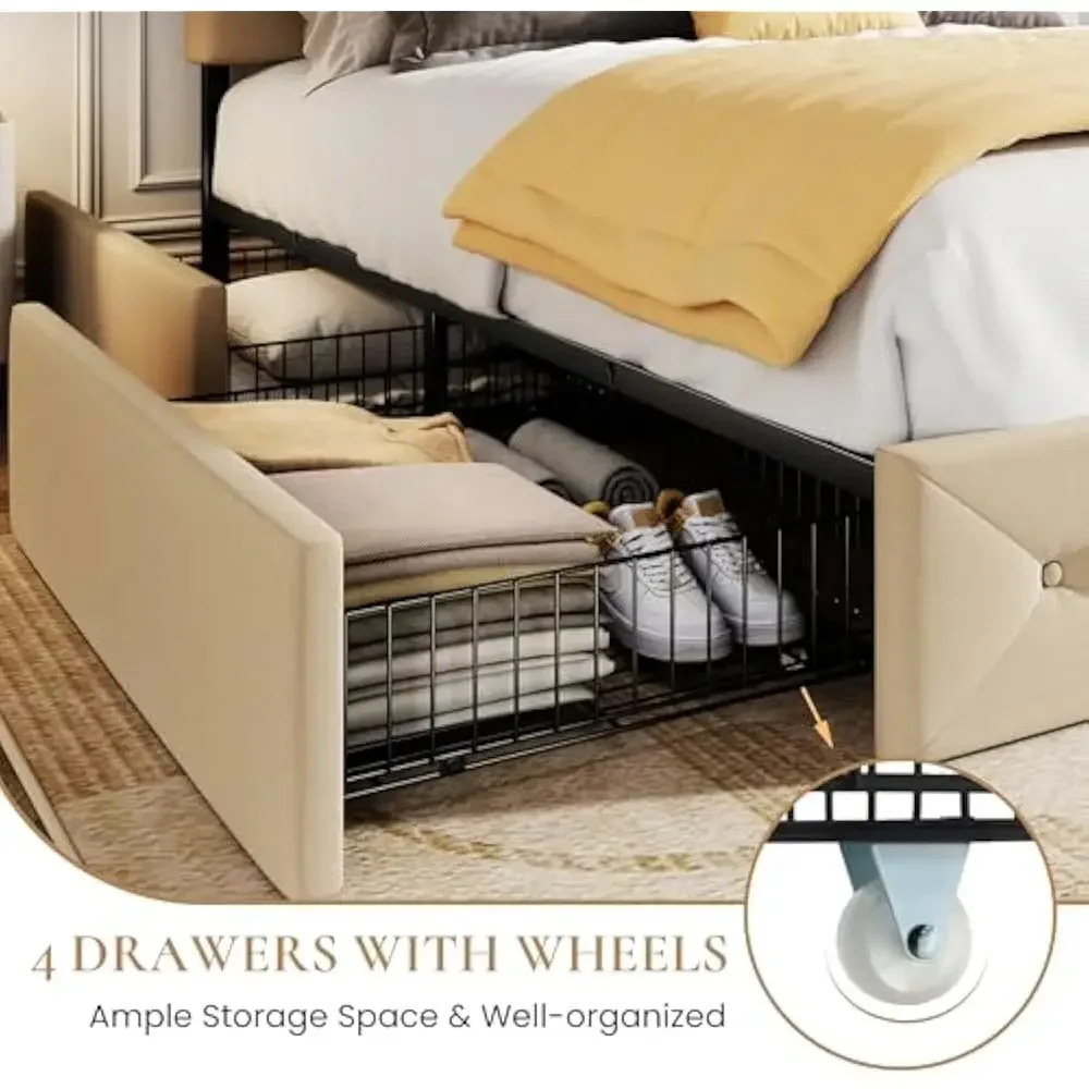 إطار سرير بحجم كوين مع 4 أدراج تخزين، لوح رأسي قابل للتعديل مع تصميم معنقدة بزر مخيط بالألماس، لا حاجة إلى صندوق زنبركي