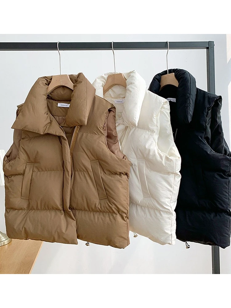 Women Fashion Autumn New 2024 Stand Collar Elegant Down Coats Warm Outerwear Casual Belt Sleeveless Winter Women Vests Jackets