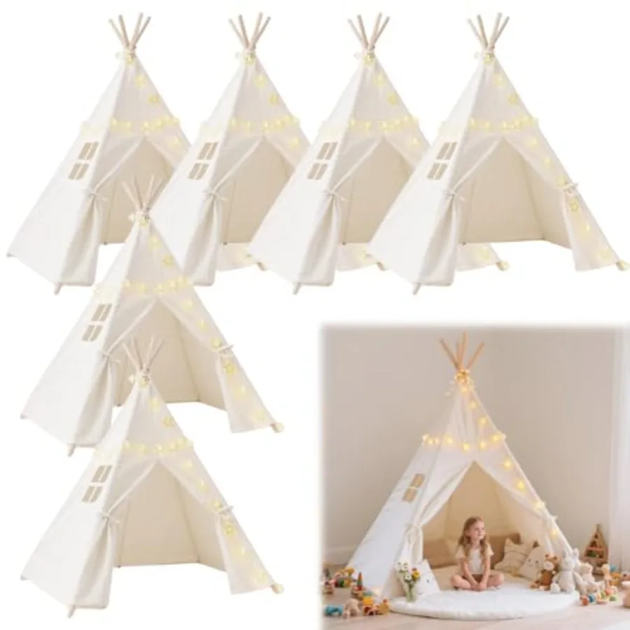 6 Pack Teepee Tent for:Indoor Outdoor Slumber Party Sleepover Tent, Cotton Canvas, White, Collapsible with 10 Ft String Lights