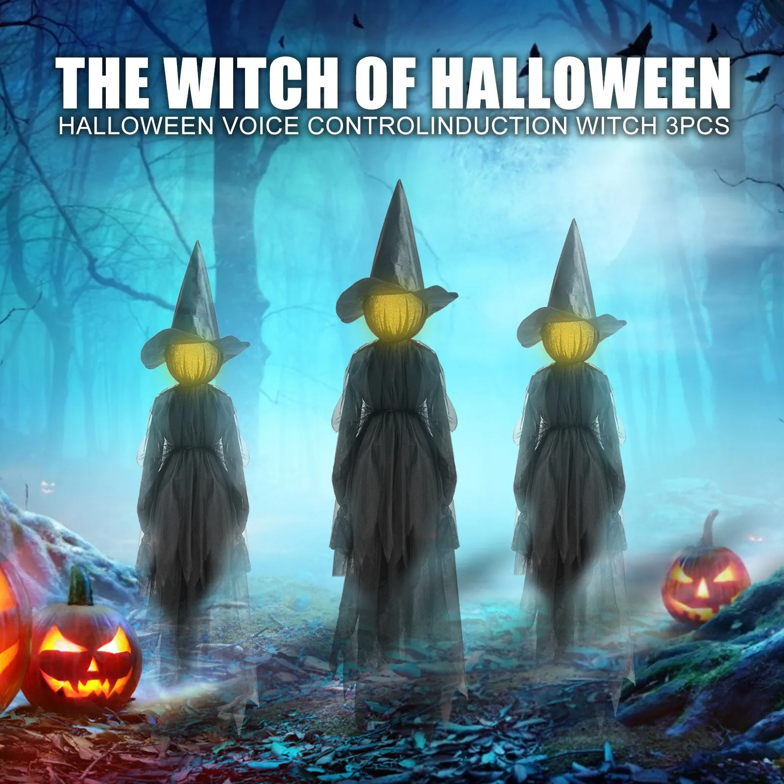 3Pcs Halloween Sound-activated Witch Three Hand-Holding Witches With Stakes Halloween Light Up Decoration Props For Outdoor