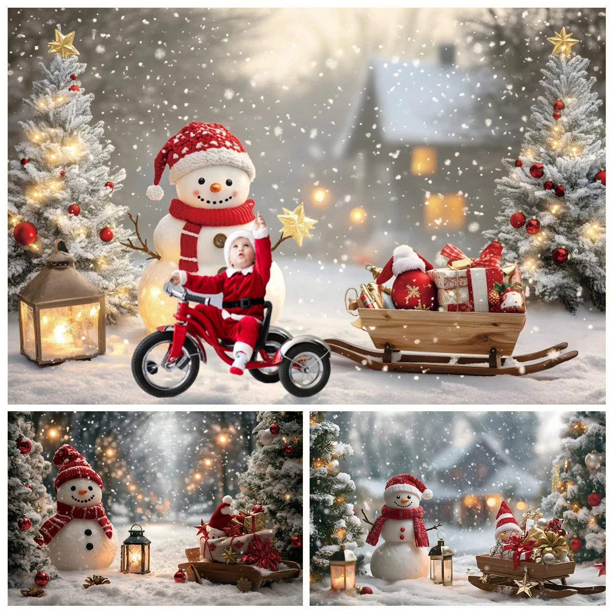 

Winter Snow Christmas Backdrop Snowmen Glitter Star Xmas Tree Gifts Sled Kids Portrait Photography Background Decor Photo Studio