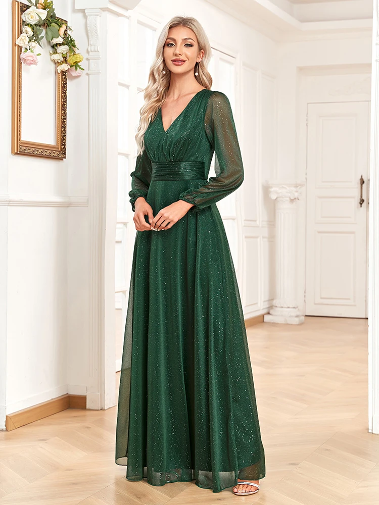 Women Elegant V-neck Sparkling Chiffon Evening Dress A-Line Long Sleeve  Wedding Party Gown For Bridesmaid New Vestido De Festa