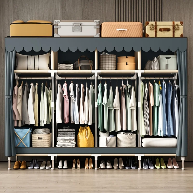 Metal Frame Portable Closet Organizer with Hanging Rods, Protective Fabric Cover Wardrobe Storage for Bedroom Portable Closets