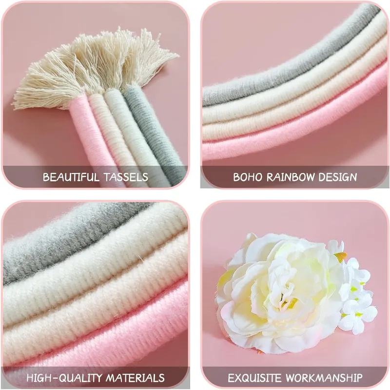 Newborn Photography Macrame Rainbow Handmade Wall Hanging Decor for Nursery Baby Photoshoot Prop with Lace Playroom Accessory