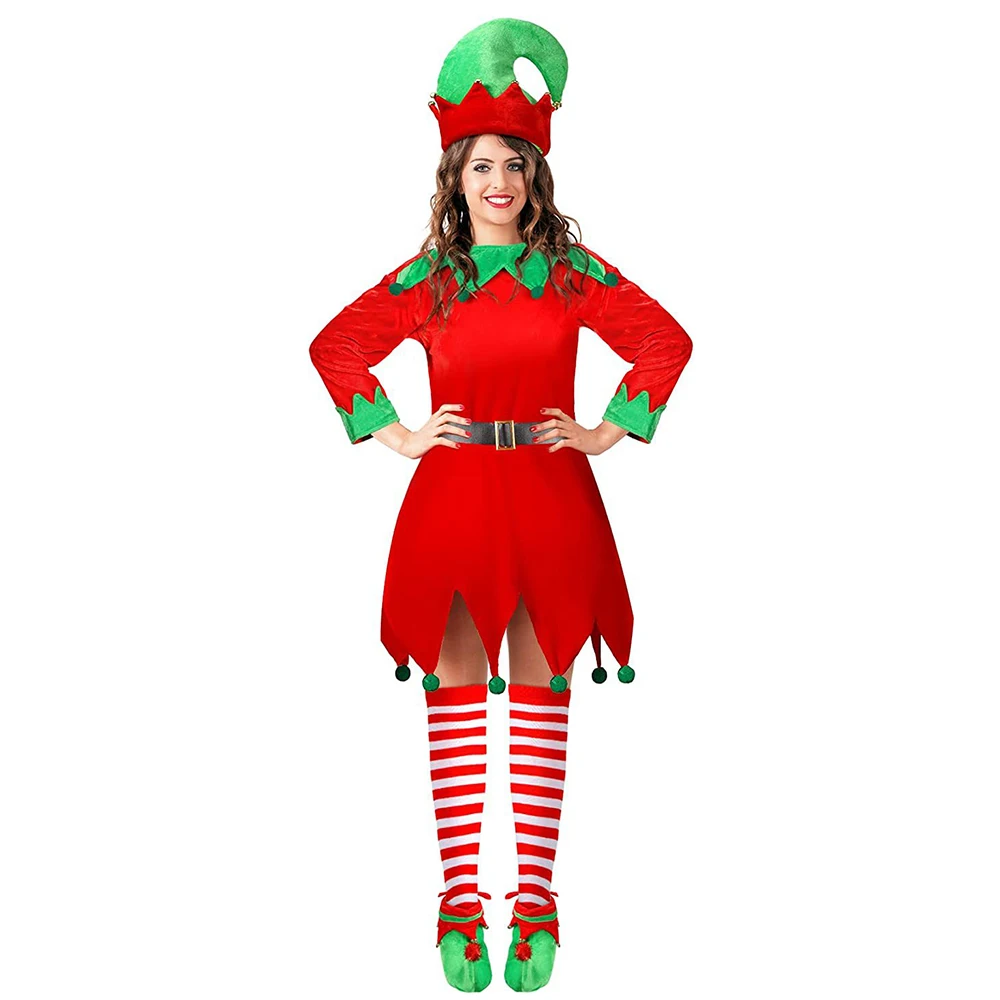 

2022 New Christmas Clothing Santa Claus Costumes for Girls Womens Red Elf Fancy Dress Stockings Shoes Family Matching Party Wear