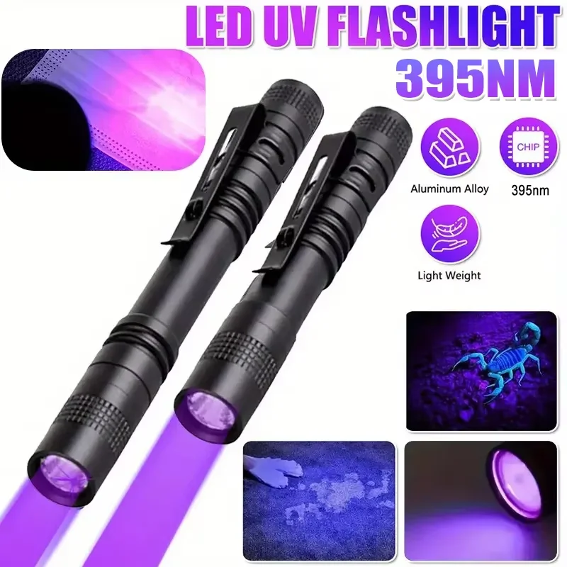 395nm UV Pen FLaslight, Blacklight Flashlight W/ Clip Portable Detector for Hotel/Pet Urine/Bed Bugs/Camping (AAA Battery Powere