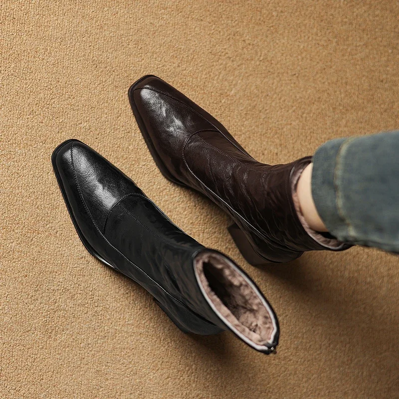 2026 new autumn winter women ankle boots natural leather plus size 22-25cm sheepskin+wool thick heel back zip short boots