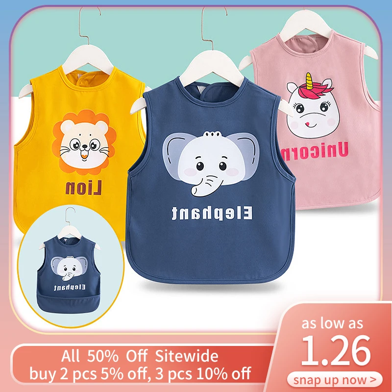 Children Eating Bib Waterproof Sleeveless Apron Cute Cartoon Baby Kids Feeding Stuff Toddler Saliva Towel Boy Girl Pocket Clothe