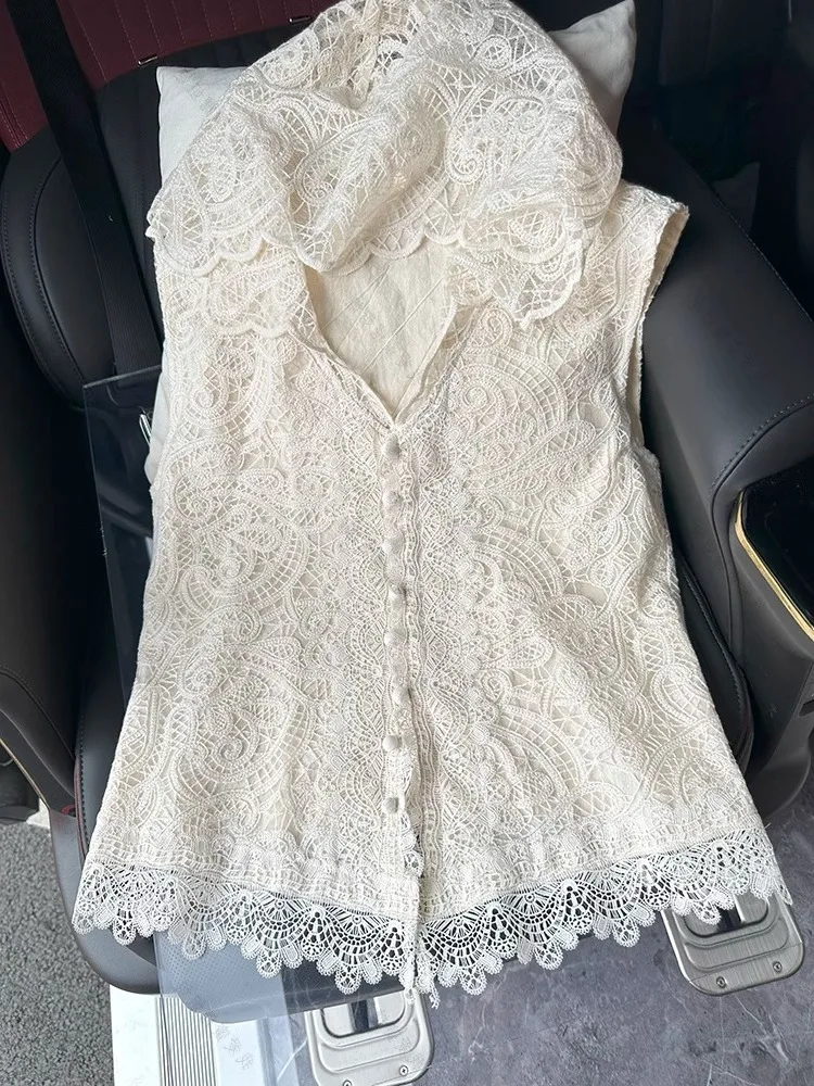 여성용 슬리 레이스 트림 후디 탑 여름용 루즈핏 슬림 트렌디 홀로우 아웃 체스트넛 컬러 빠른 고품질 소재