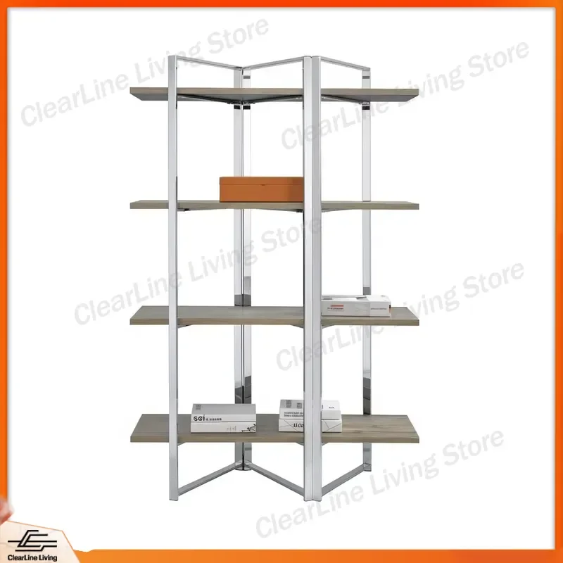 Modern Corner Bookshelf 4 Tier Wood Chrome Metal Storage Rack Eco Friendly Living Room Display Shelf Home Furniture Organizer