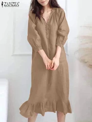 ZANZEA Fashion Summer V Neck 3/4 Sleeve Sundress Women Elegant Solid Party Mid-calf Dress Femme Casual Holiday Vestido Robe