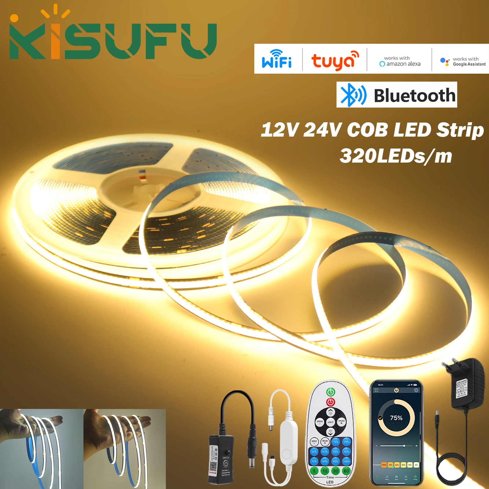 

Black PCB COB LED Strip Tuya WiFi Kit DC 12V 24V 320Leds/M Bluetooth Music Sync Adhesive Tape 1M 2M 3M 5M Kitchen Cabinet Decor