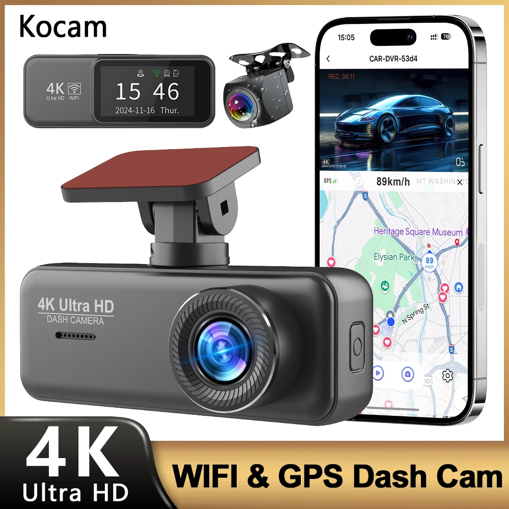 Kocam Dash Cam 4K UHD for Car Camera Front Rear Dual Lens With GPS WiFi 24h Parking Mode Night Vision Car DVR Video Registrator