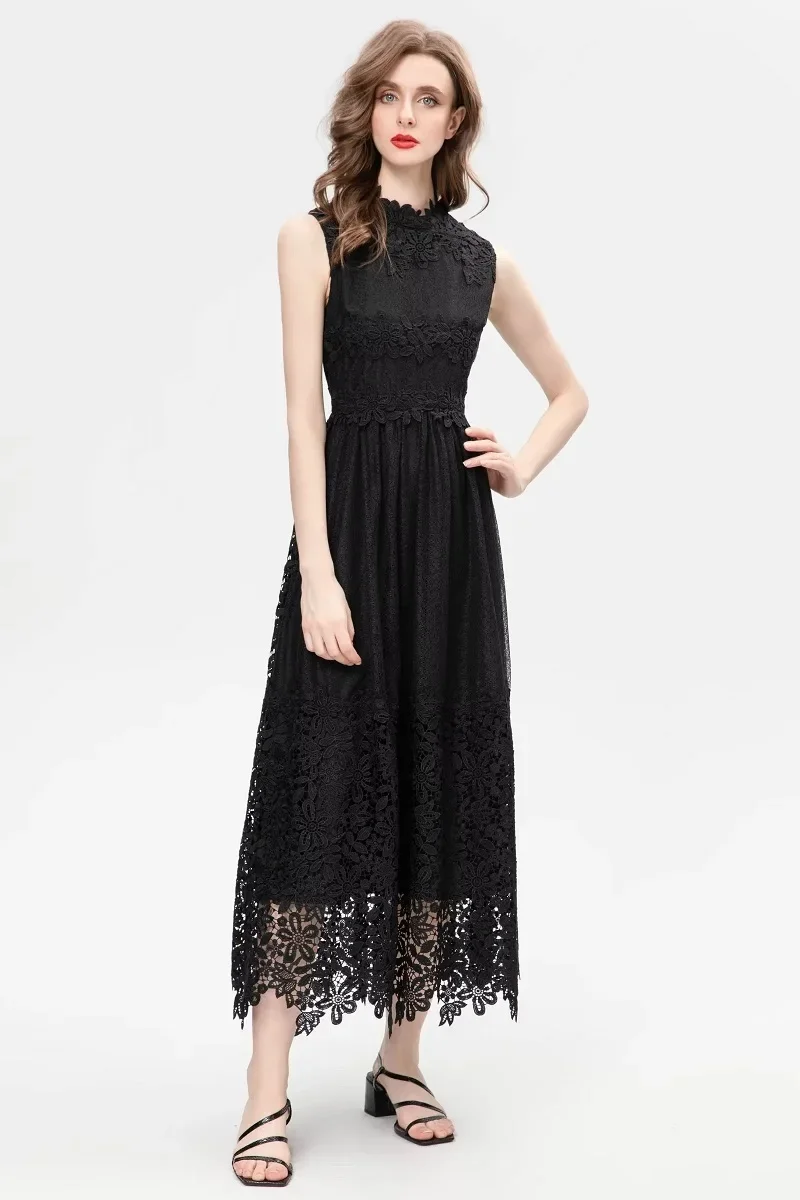 Black Long Dress 2024 Spring Party Evening Vestidos Women Lace Embroidery Patchwork Sleeveless Slim Fit & Flare Dress Elegant