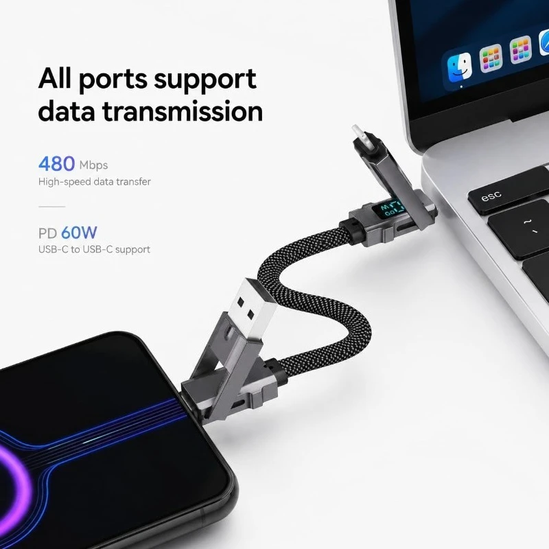 4 in 1 65W Keychain Charging Cable USB C Cable with V/A/W Display Type C for Apple Portable Cord for IPhone/iPad/Samsung/Laptop