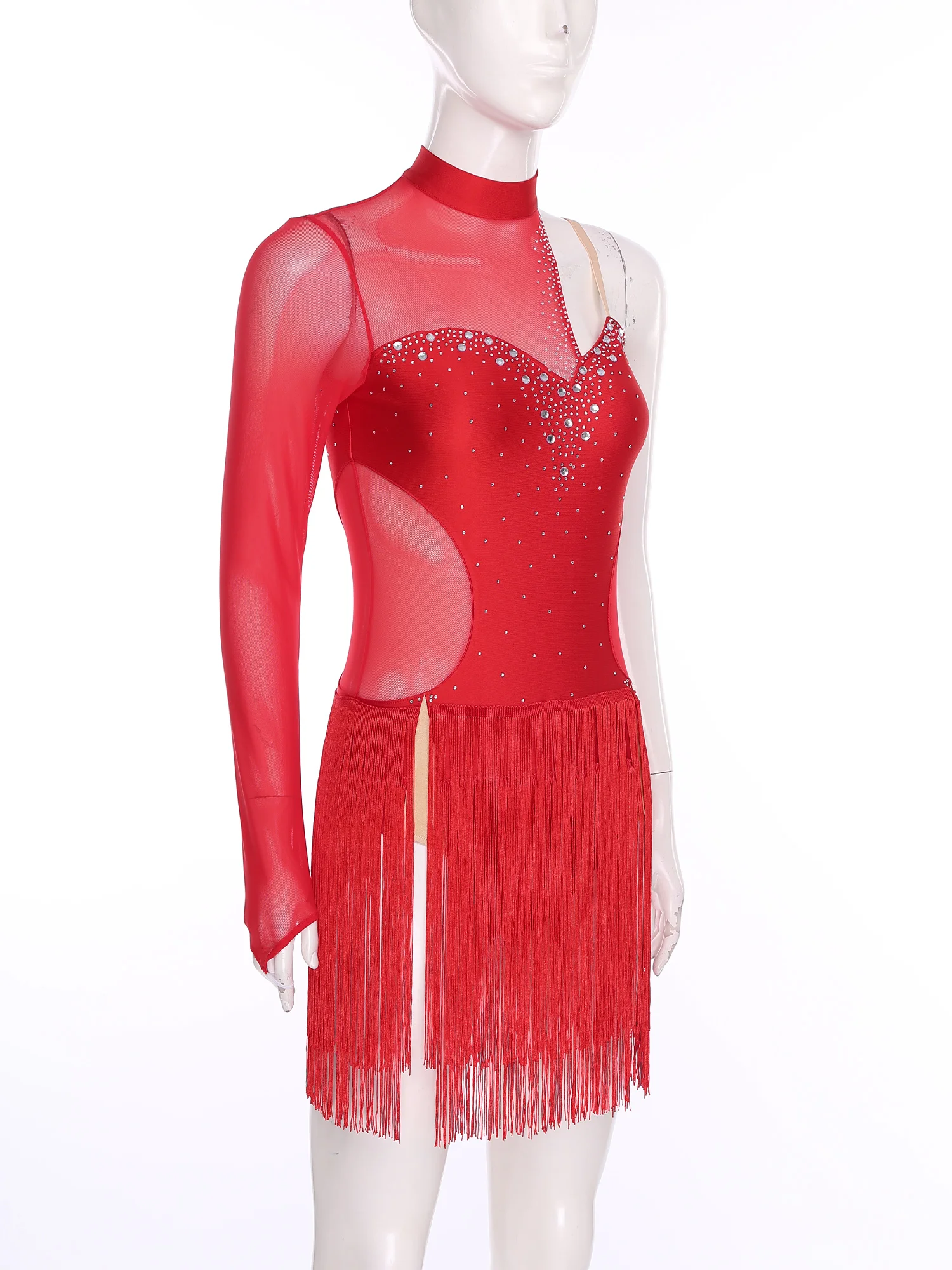 Damen-Kostüm für lateinamerikanischen Tango, durchsichtiges Mesh-Ausschnitt hinten, funkelnde Strasssteine, asymmetrisches Kleid mit Fransen, Tanzbekleidung