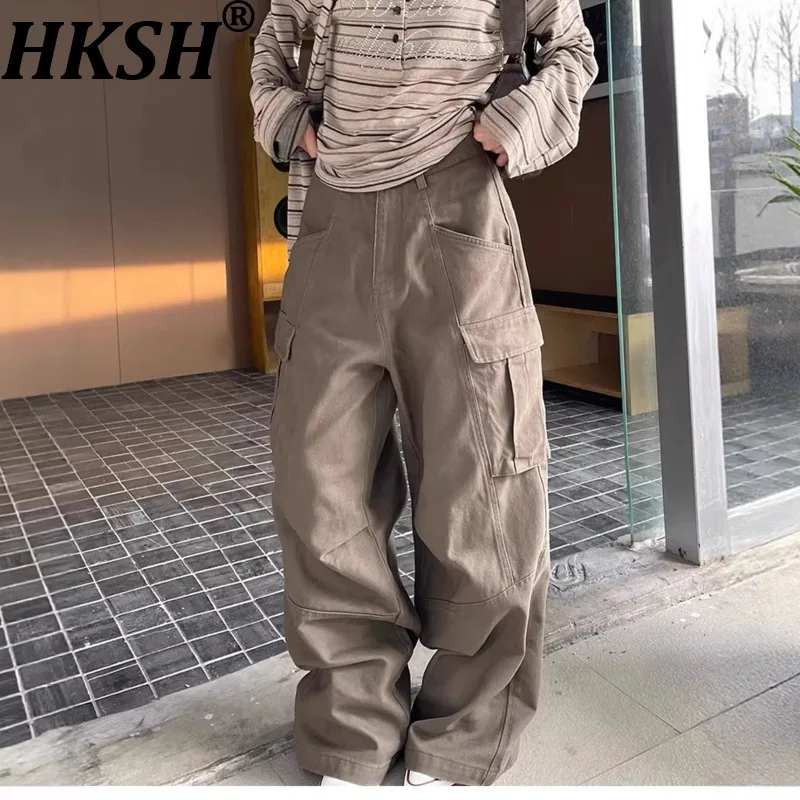

HKSH Spring Autumn New Women Tide Safari Style Punk Casual Cargo Pants Men Dark Y2K Wide Leg Jeans Chic Ins Vibe Fashion HK19289
