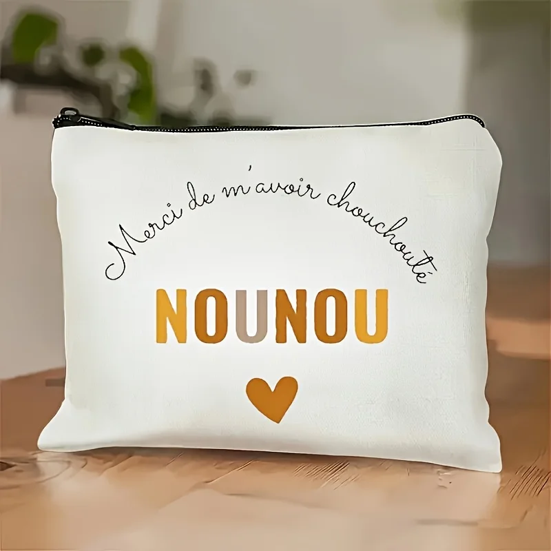 Double Sided Printed Nounou Thank You Theme Makeup Bag French Thank You Words and Heart Patterns Warm Suitable for Daily Storage