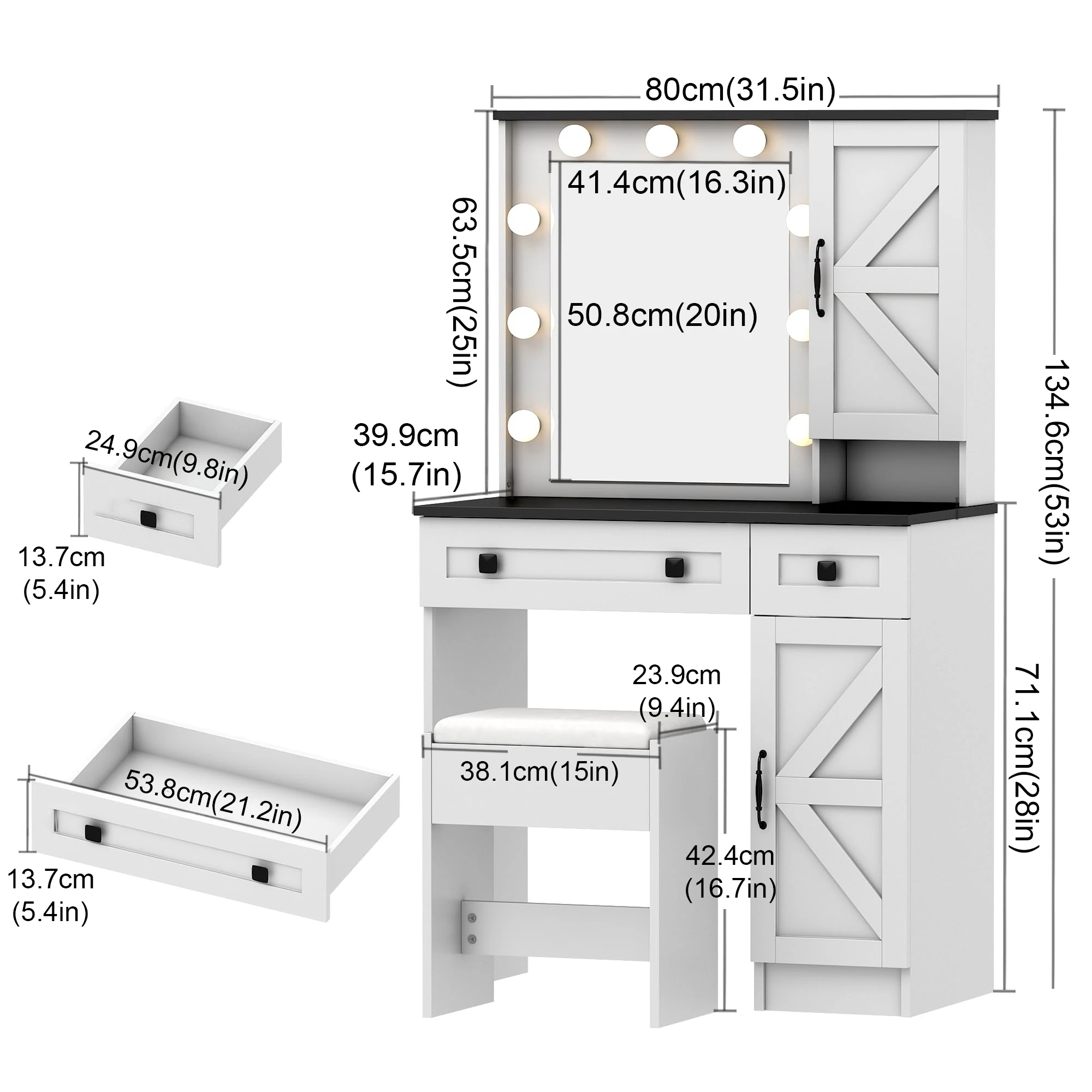 Maquiagem Vanity Desk com Espelho de Luz, Vanity Branco com Power Outlet, Mesa do quarto para a menina, 2 gavetas, 3 Modos de Iluminação Colorida