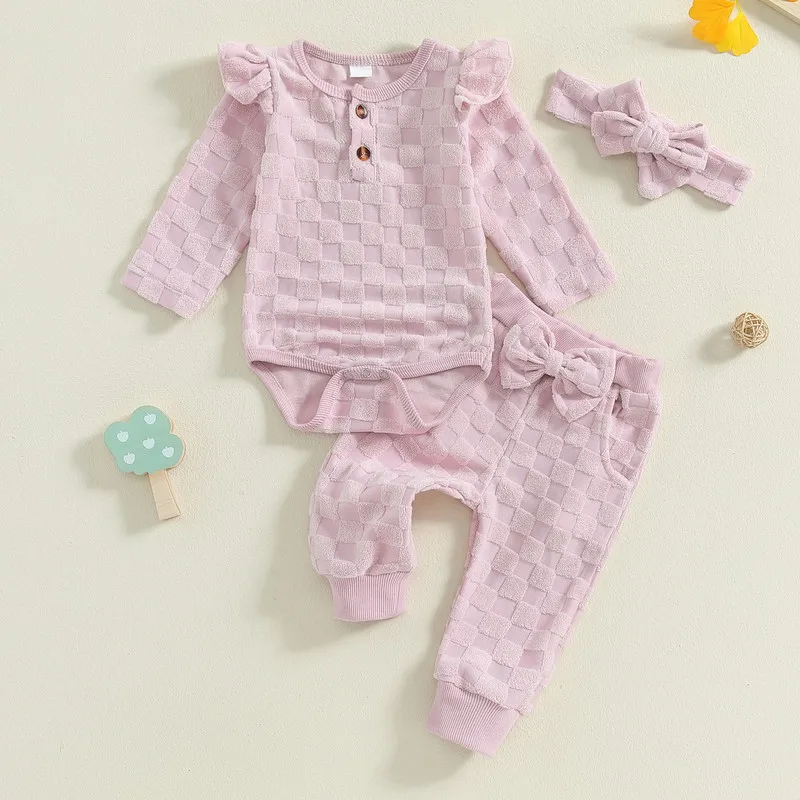 

Комплект для новорожденных из 3-х предметов RUEWEY, брюки в клетку для маленьких девочек, весенне-осенняя одежда, боди с длинным рукавом и оборками, брюки с бантом, повязка для волос