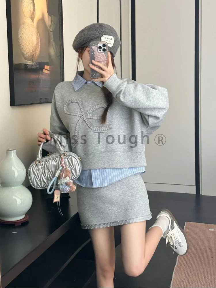 Preppy Style Fashion 3 Piece Sets Women Casual Sweatshirts + Stripe Shirt + Mini Skirts Korea Chic Outwear Bow Y2k Suits Autumn